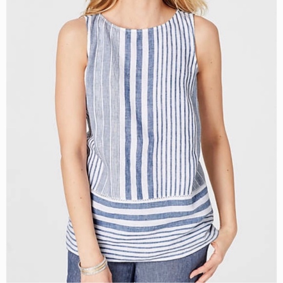 J. Jill Tops - NWOT - J.Jill Sleeveless Stripe Blue Linen Top - Size XL